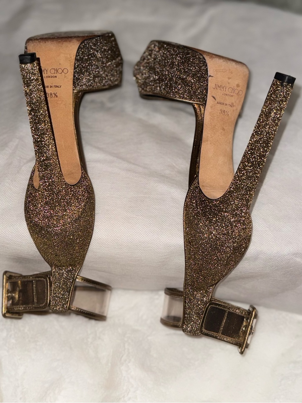 Jimmy Choo Gold Glitter Platform Ankle-Strap Heels - Picture 7 of 11